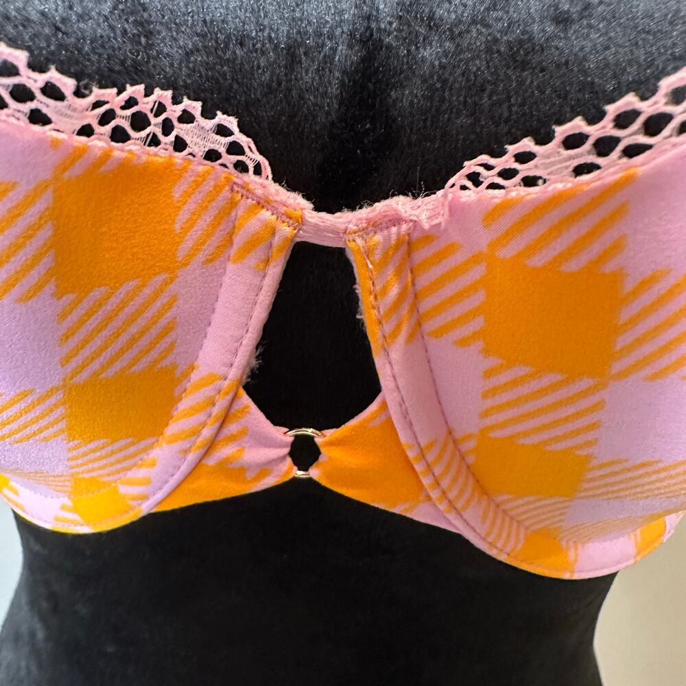 Savage X Fenty Bra 36DD Pink Orange Gingham Balconette Lace Trim Rihanna Retro - Picture 5 of 7